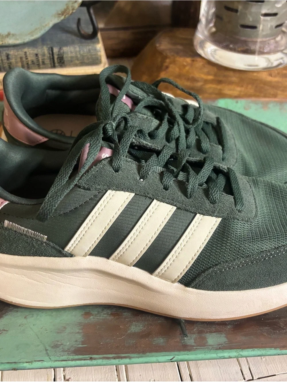 adidas Dark Green Lace-Up Sneakers with White Stripes and Pink Heel